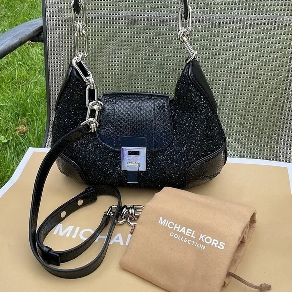 Michael Kors Collection Bancroft Medium Glitter and Snakeskin Shoulder Bag - Picture 14 of 15